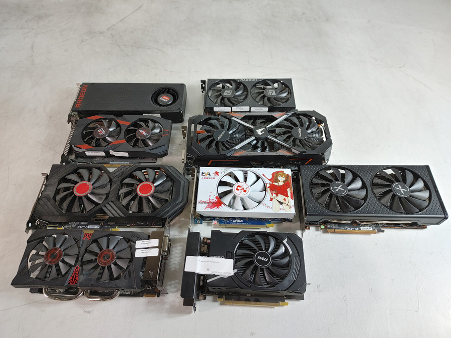 Lot of 9 Nvidia Radeon RX 7600 GeForce GTX 1650, GeForce GTX 1080 Ti, Radeon RX 6600, Radeon RX 580 GTS, Radeon R7 370, Cerberus GeForce GTX 1050 Ti, Radeon R9 370 For Parts