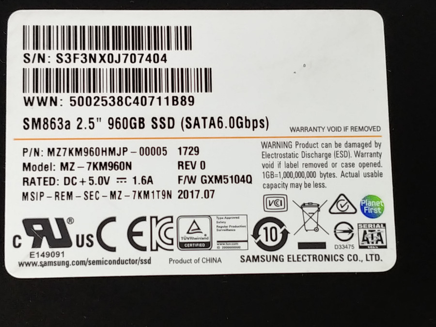 Samsung SM863a MZ-7KM960N 960 GB 2.5 in Solid State Drive
