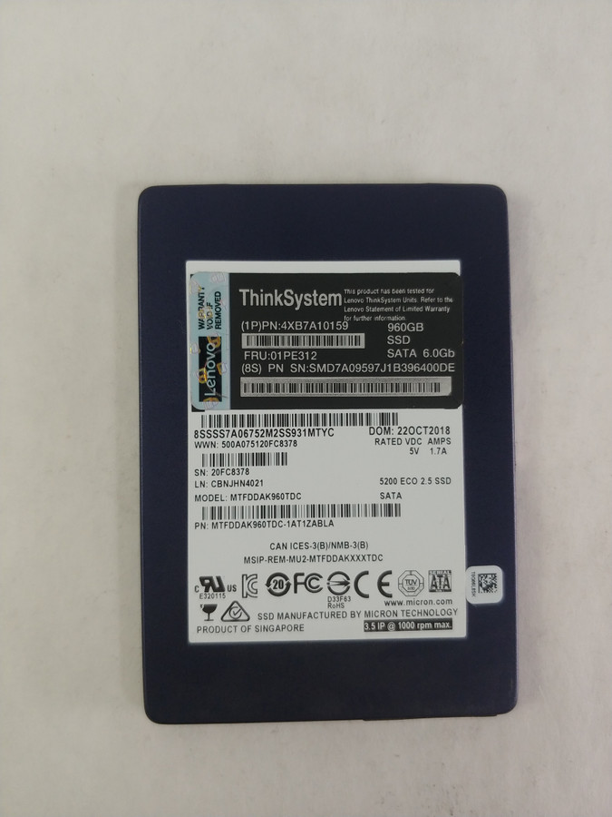 Lot of 2 Micron Lenovo MTFDDAK960TDC 960 GB SATA III 2.5 in Solid State Drive