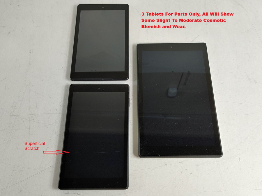 3 Amazon Fire HD 2x 8" L5S83A 32GB 8 Gen, 1x 10"SL056ZE 32GB 7 Gen "For Parts"
