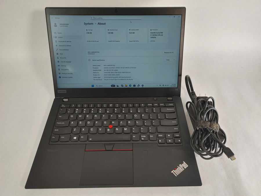 Lenovo ThinkPad T14 Gen 1 Core i7-10510U 1.80 GHz 16 GB DDR4 256 GB NVMe Windows 11 Pro Laptop WINACTG2 G2