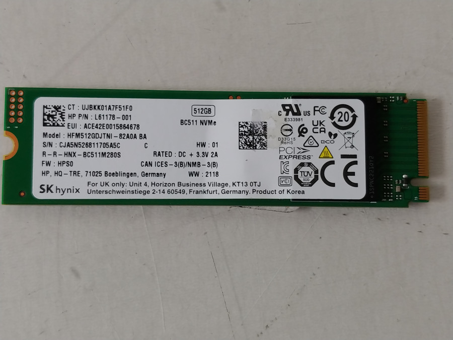 Lot of 5 SK Hynix BC511 HFM512GDJTNI 512 GB NVMe 80mm SSD