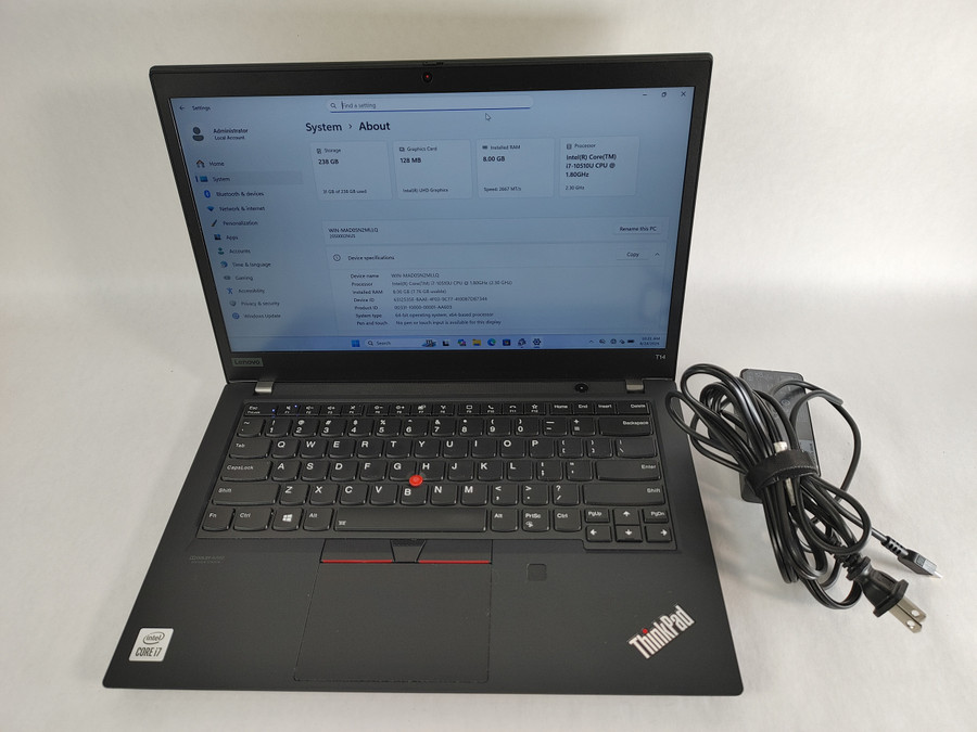 Lenovo ThinkPad T14 Gen 1 Core i7-10510U 1.80 GHz 8 GB DDR4 256 GB M.2 Windows 11 Pro Laptop WINACTG9 G9