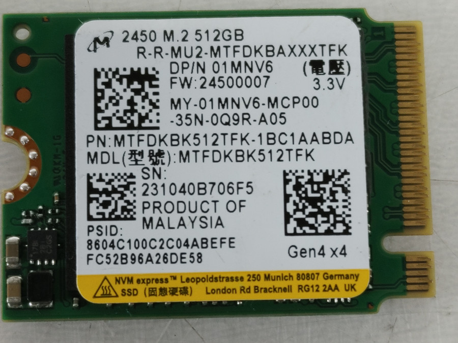 Lot of 5 Micron 2450 MTFDKBK512TFK 512 GB NVMe 30mm Solid State Drive