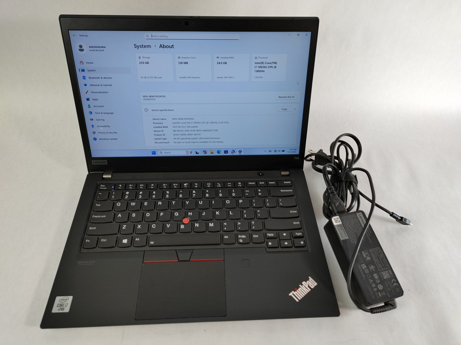 Lenovo ThinkPad T14 Gen 1 Core i7-10610U 1.80 GHz 24 GB DDR4 250 GB NVMe Windows 11 Pro Laptop WINACTH8 H8