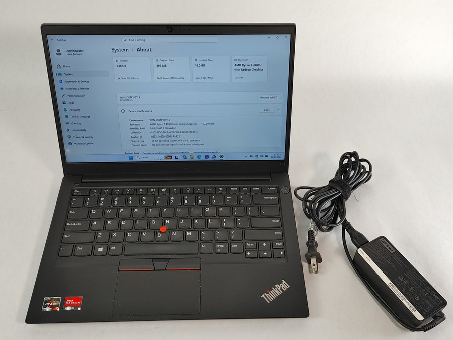 Lenovo ThinkPad E14 Gen 2 Ryzen 7 4700U 2.00 GHz 16 GB DDR4 256 GB NVMe Windows 11 Pro Laptop A1