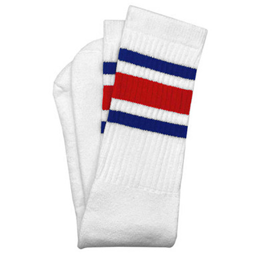 14" Skater Socks - White Striped (Royal Blue / Red)