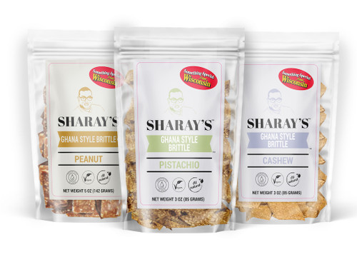 Sharay's Brittle Variety Pack -Contains Peanut Brittle (5 oz), Cashew Brittle (3 oz), and Pistachio Brittle (3 oz)