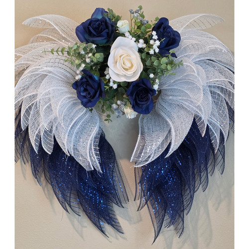 22" Decorative Mesh Angel Wing Wreath with White and Blue Accents