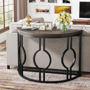 Modern 43-inch Half Moon Accent Sofa Table with Grey Wood Top Black Frame