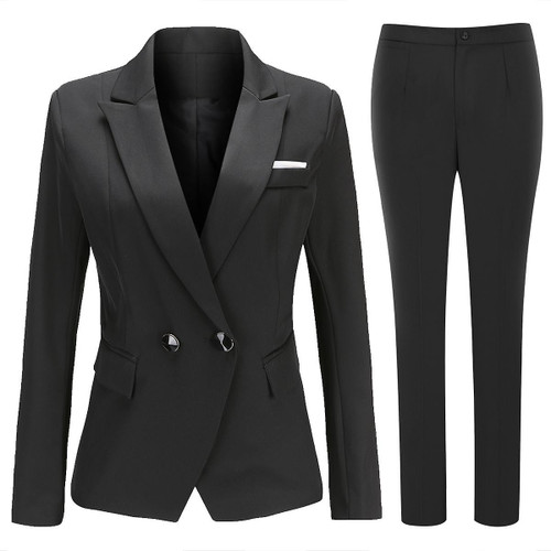 Professional Ladies Solid Color Business Peaked Lapel Two Button Slim Fit Pants Suit (Blazer & Pants)