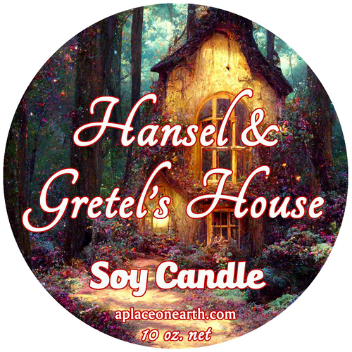 Hansel & Gretel's House Soy Candle: Label View — image depicts a circular product label design featuring a scene of a large gingerbread cottage in the woods, painted in a bright impressionist style. The text on the image reads "Hansel & Gretel's House Soy Candle" in a red and white calligraphy-style font.