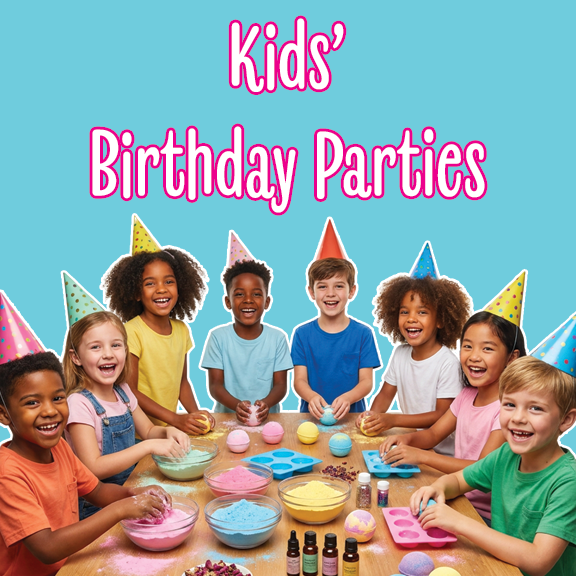 A kids' bath bomb birthday party at A Place on Earth in Cape May, New Jersey. Kids in party hats are gathered to make colorful bath bombs.