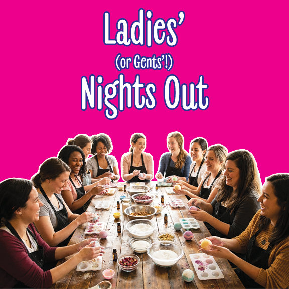 Ladies night out at A Place on Earth in Cape May, New Jersey. A group of women is gathered around to make bath bombs and pour candles.