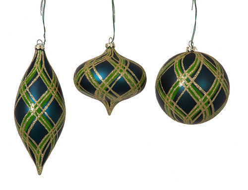 Matte Navy Plaid Ornaments with Glittered Gold, Shiny Green
All Sold Separately