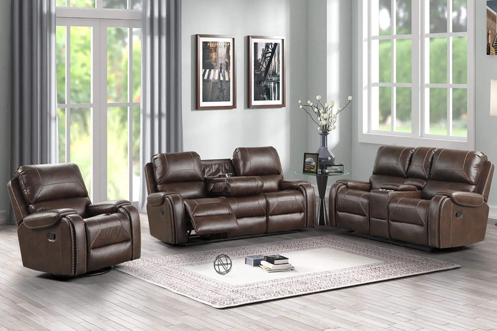 Happy Homes titan espresso reclining sofa, love, and recliner.