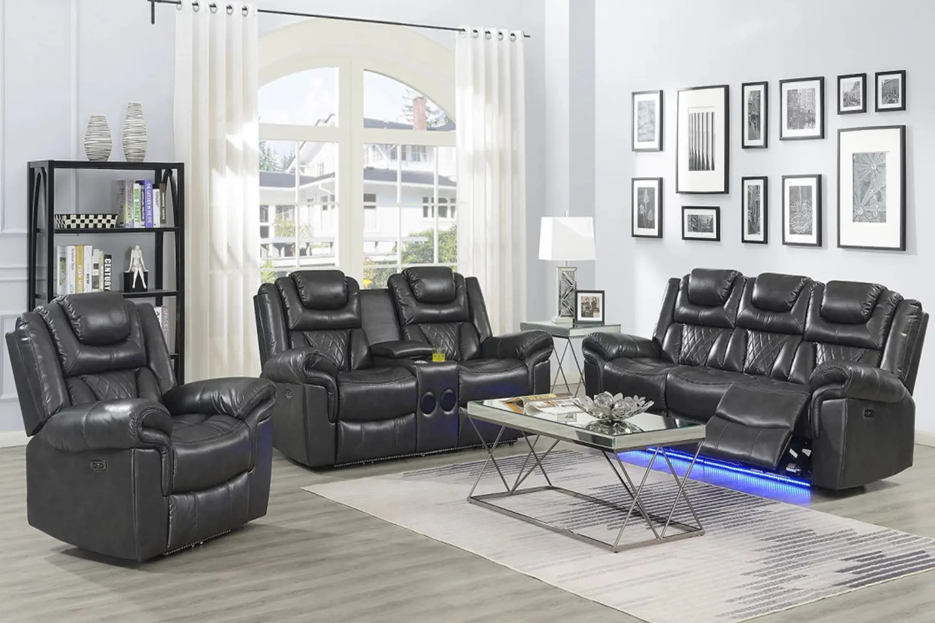 Happy Homes Alexa grey power reclining sofa, love, and recliner.