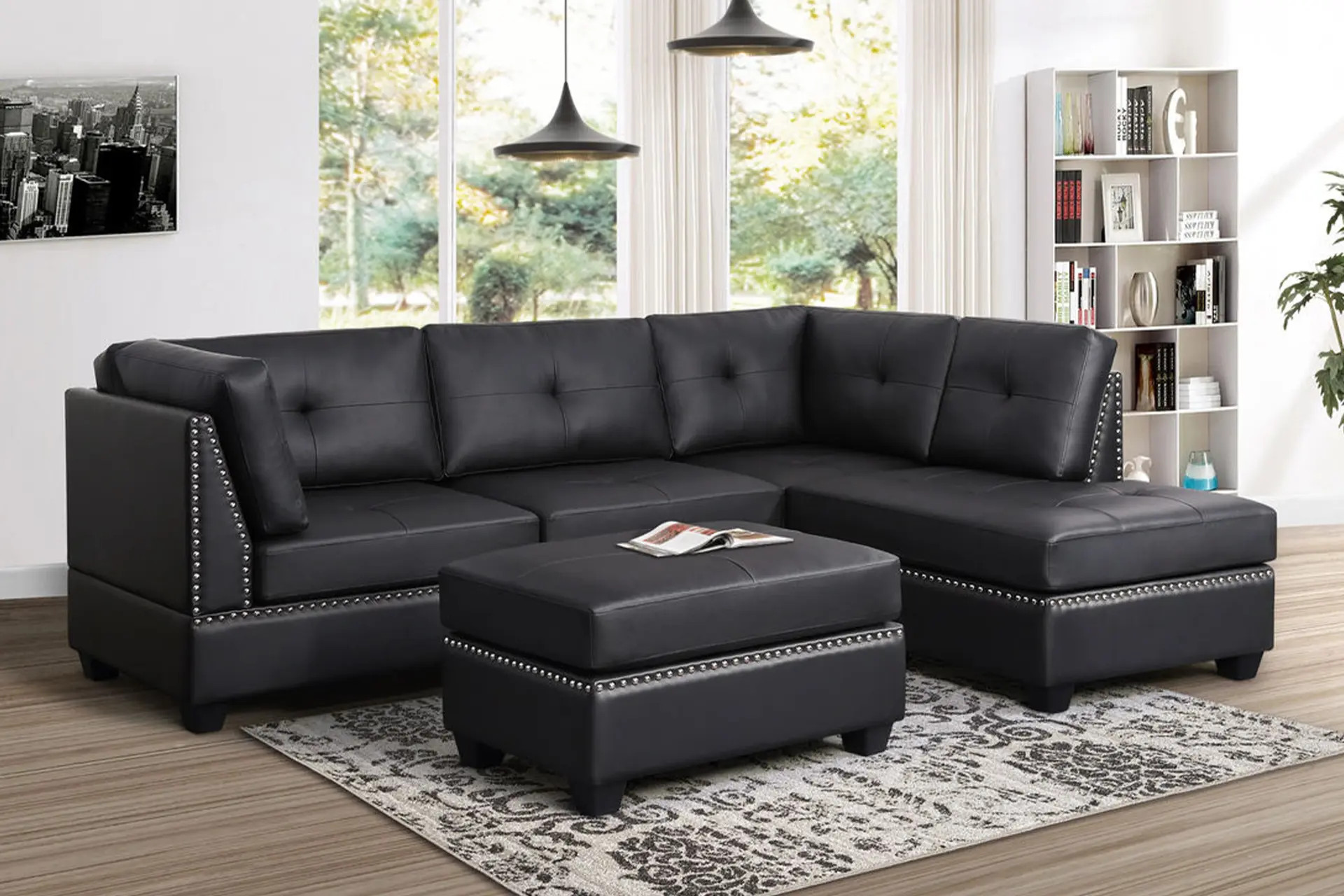 Sienna Black Polyurethane Leather Sectional.