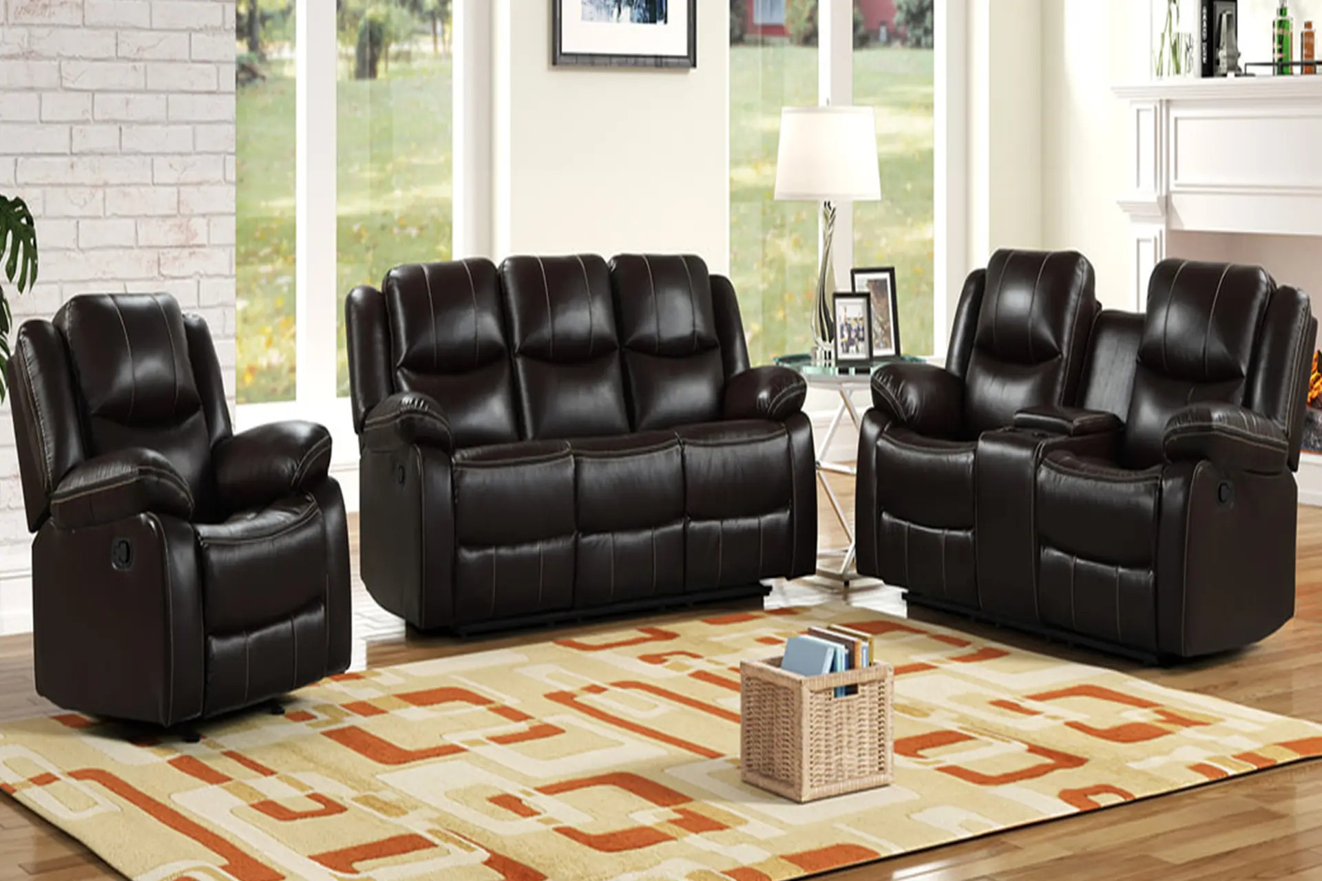 Carter Brown Reclining Sofa, Love, and Recliner.