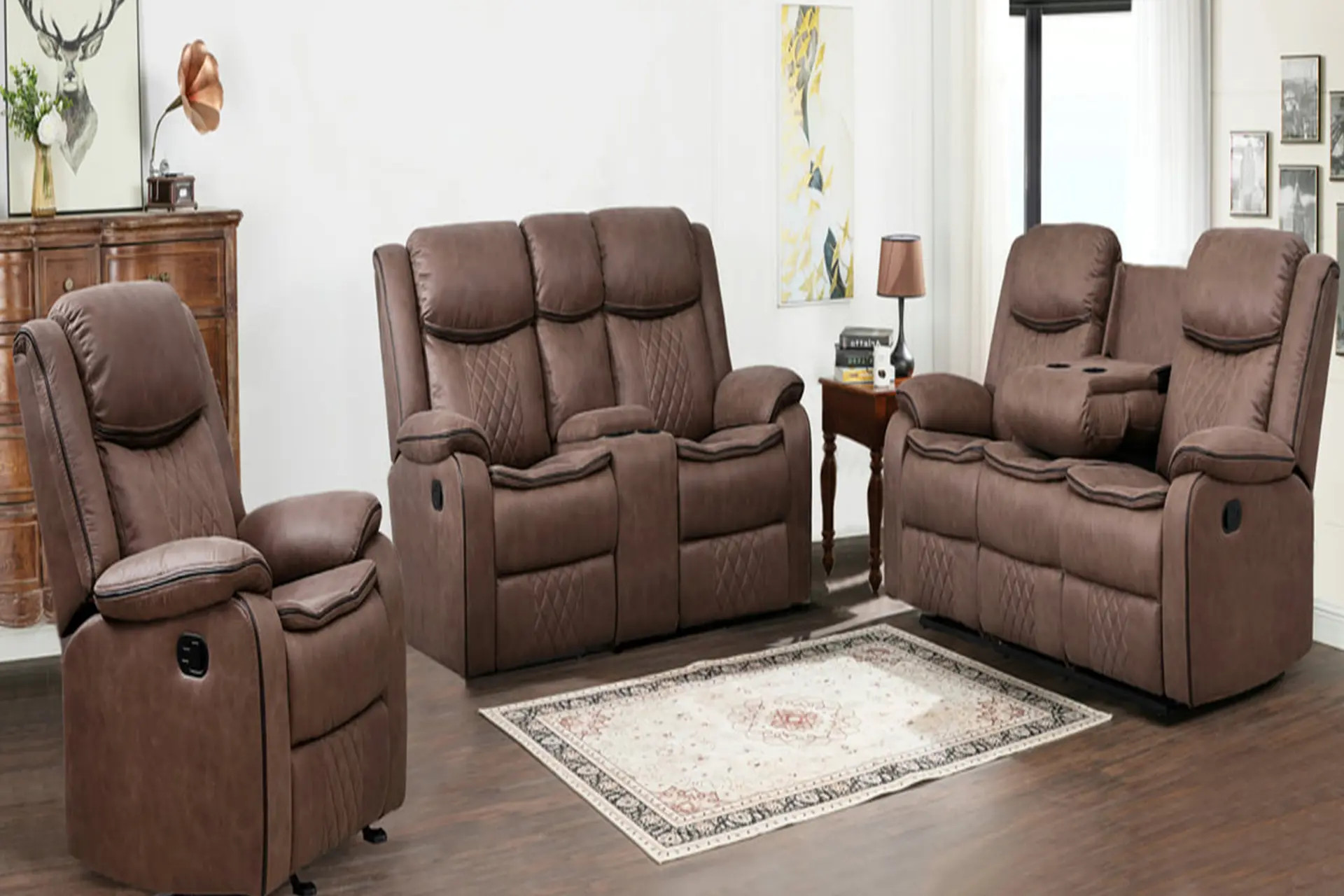 Weston Brown Reclining Sofa, Love, and Recliner.