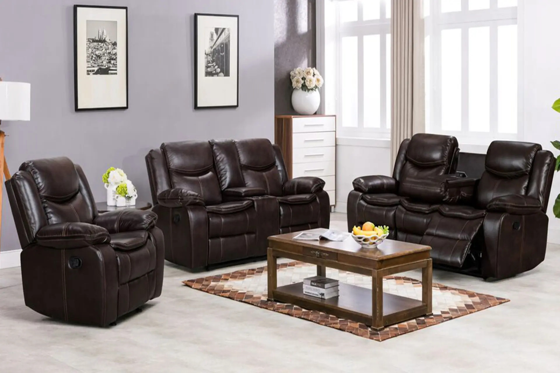 Reno Brown Reclining Sofa, Love, and Recliner.