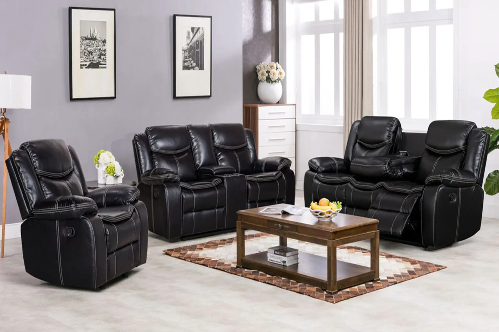 Reno Black Reclining Sofa, Love, and Recliner.