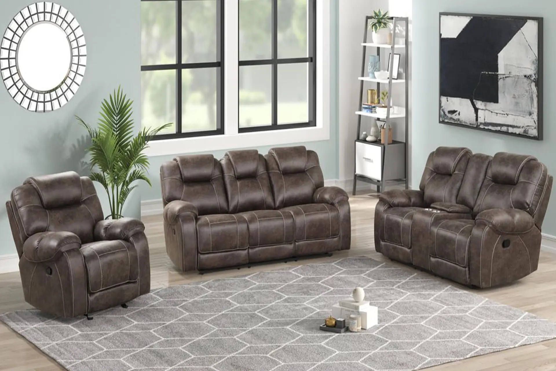 Madrid Chocolate Reclining Sofa, Love, and Recliner.