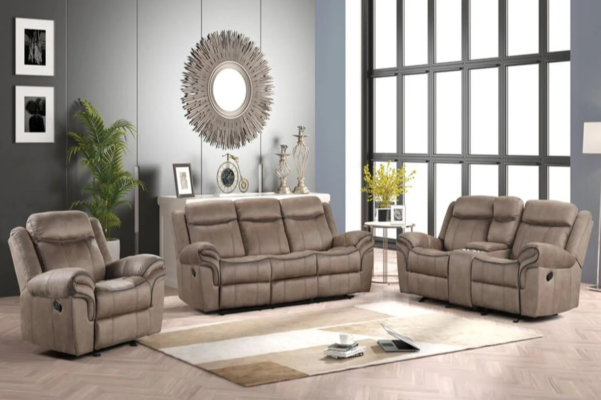 Andres Brown Reclining Sofa, Love, and Recliner.