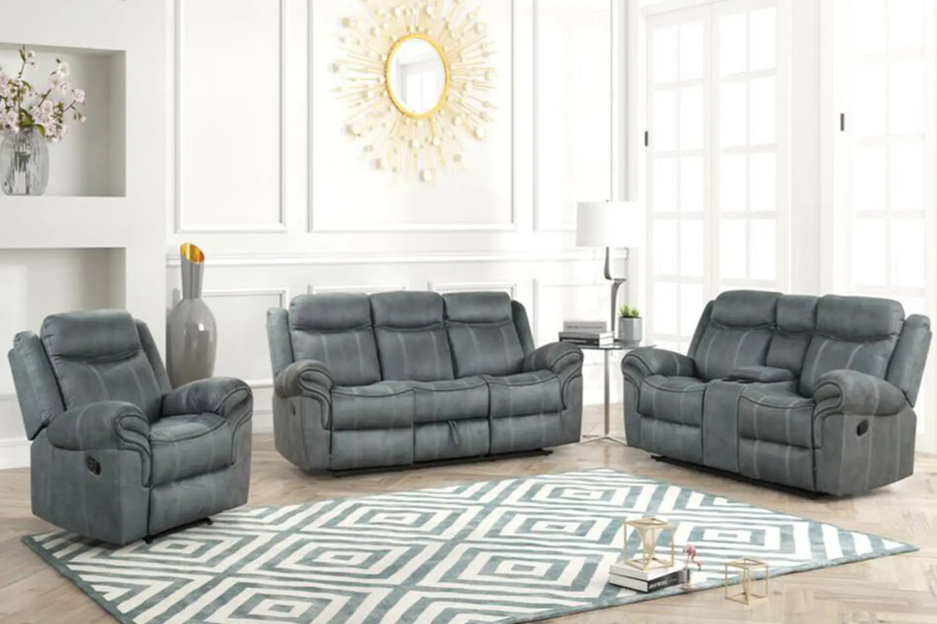 Andres Gray Reclining Sofa, Love, and Recliner.