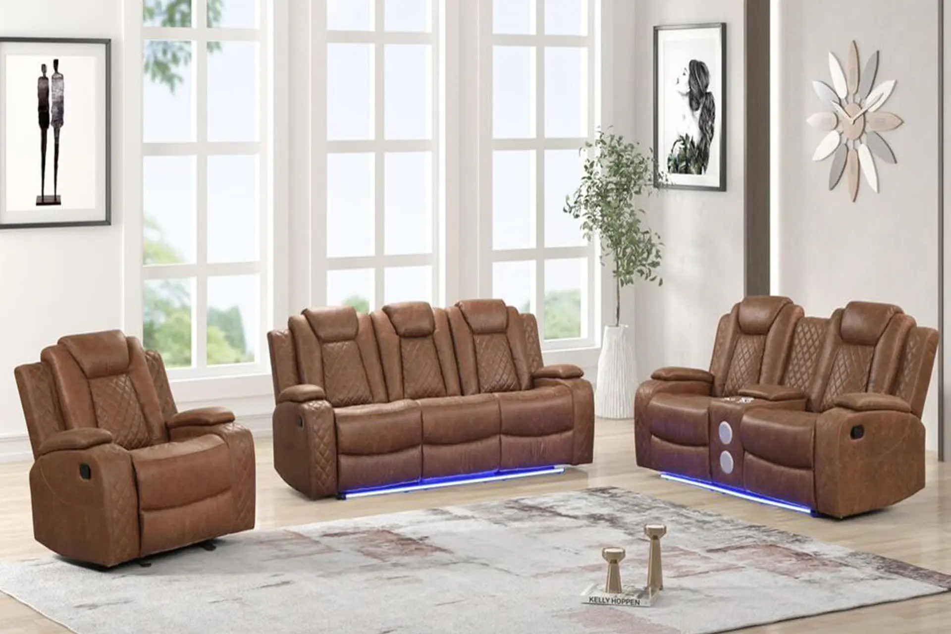 Luz Saddle Reclining Sofa, Love, and Recliner.