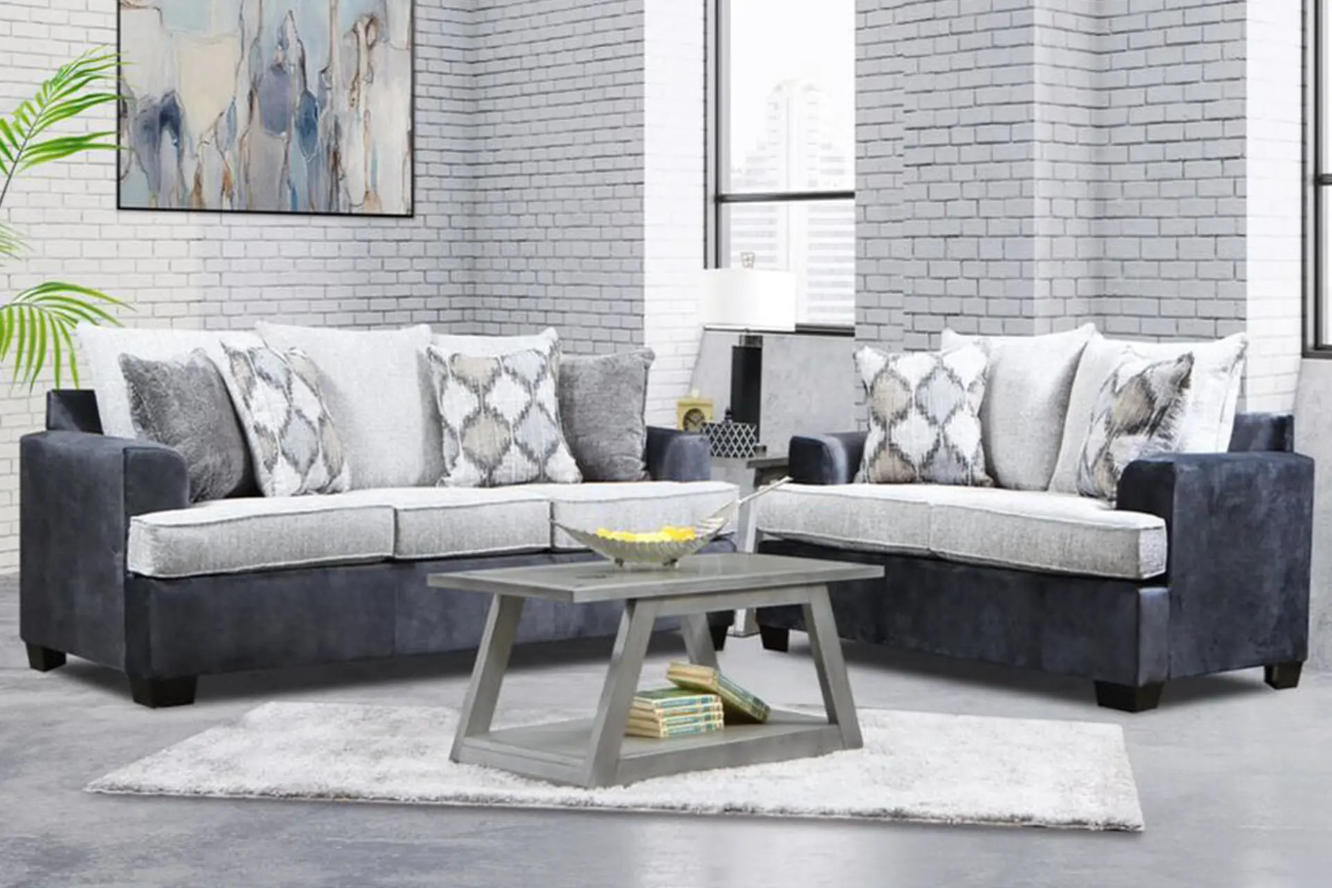 Ashley Charcoal Tan Sofa and Love.