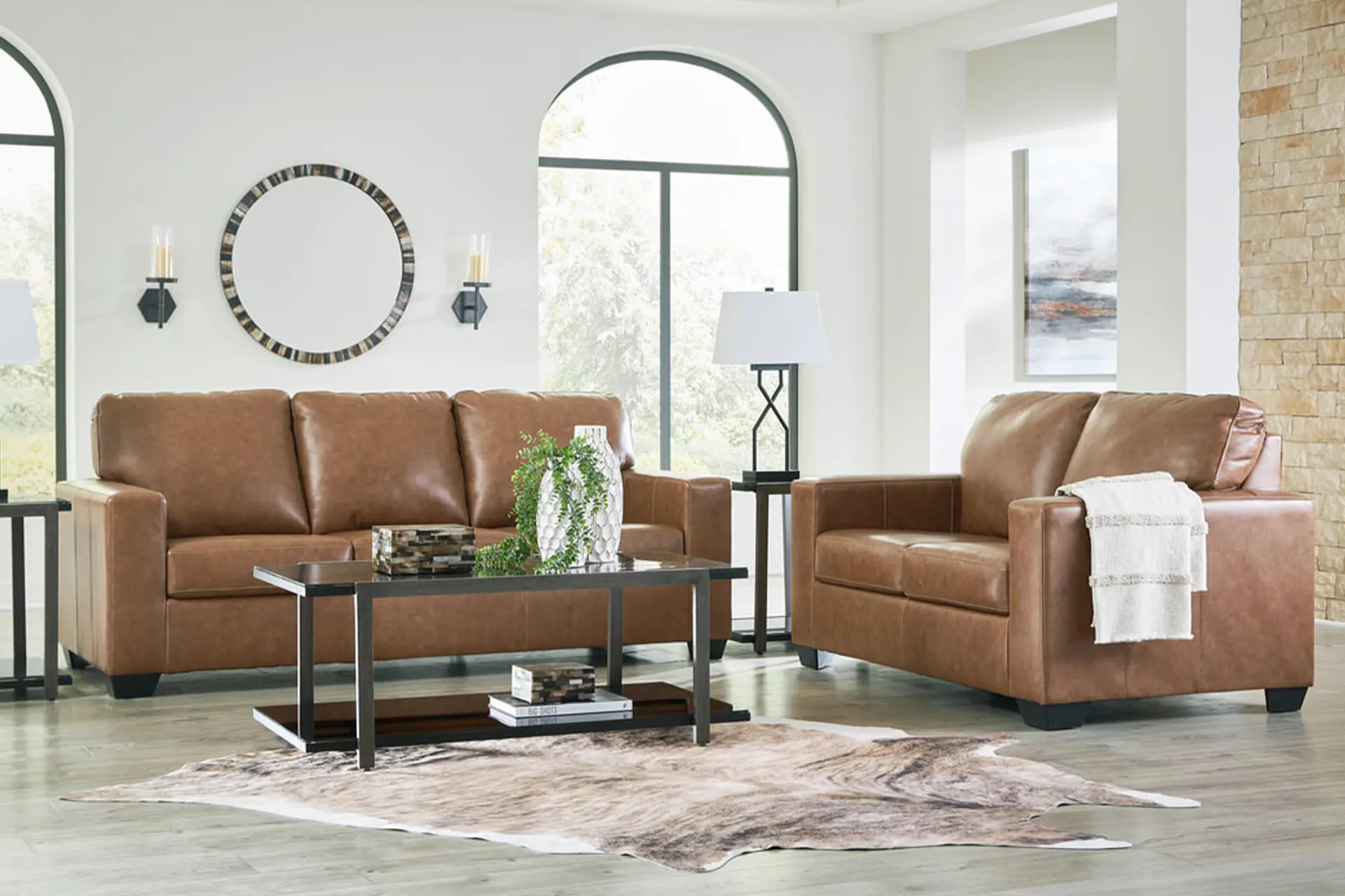 Ashley Caramel Leather Sofa and Love.