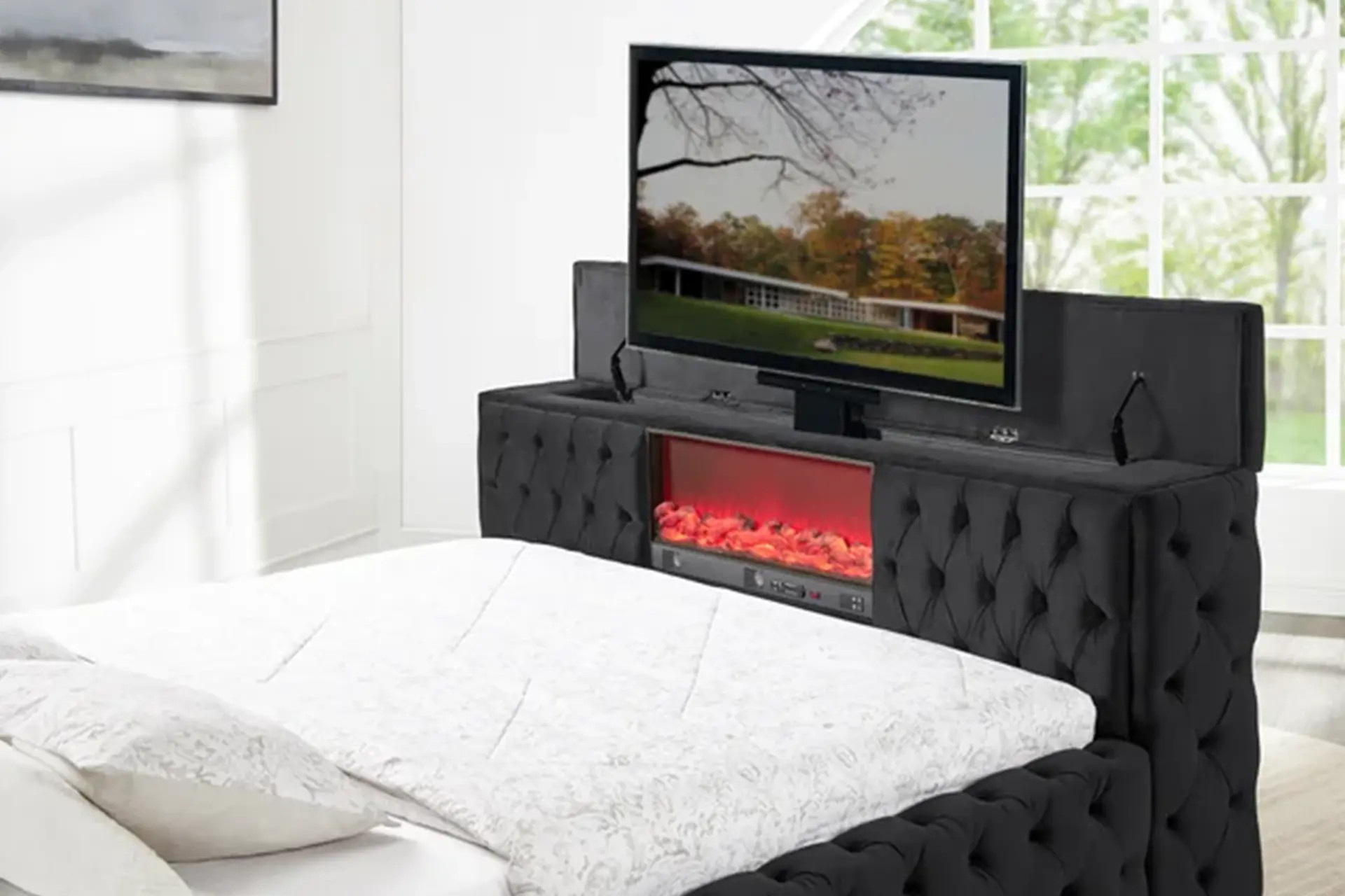 Black Velvet Fireplace Bed with TV stand.