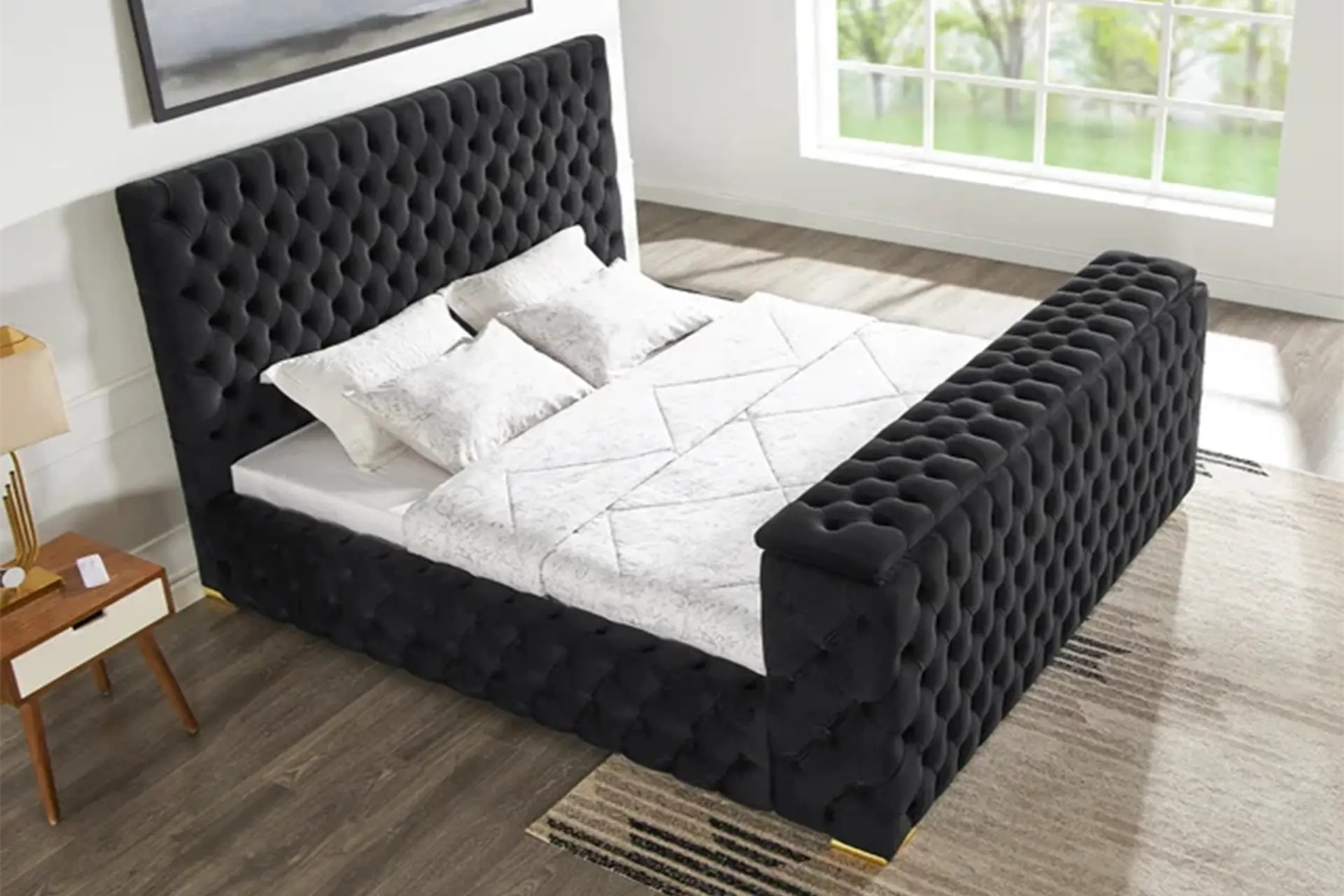 Black Velvet Fireplace Bed with bluetooth speakers.