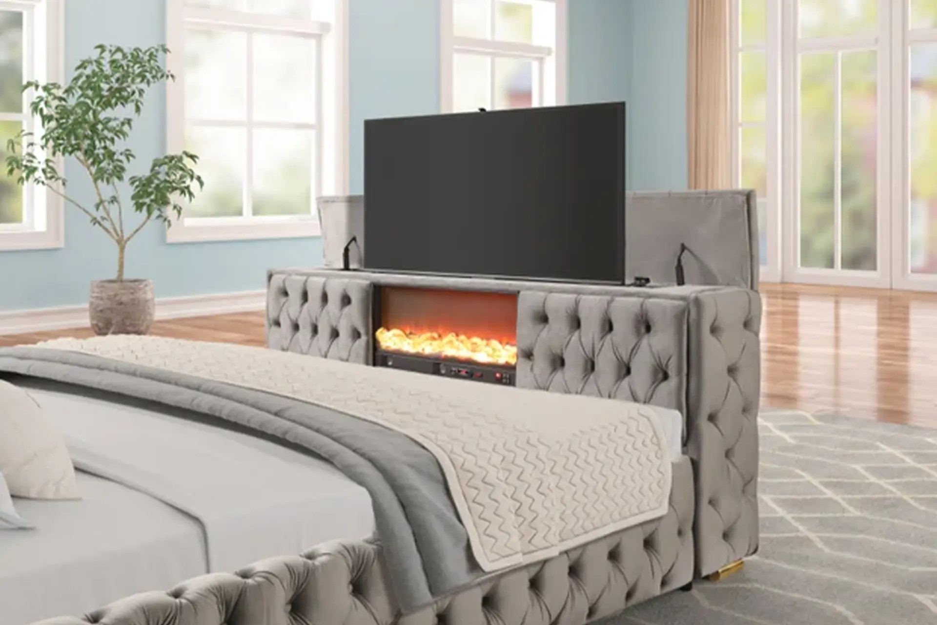 Gray Velvet Fireplace Bed with TV stand and bluetooth speaker.