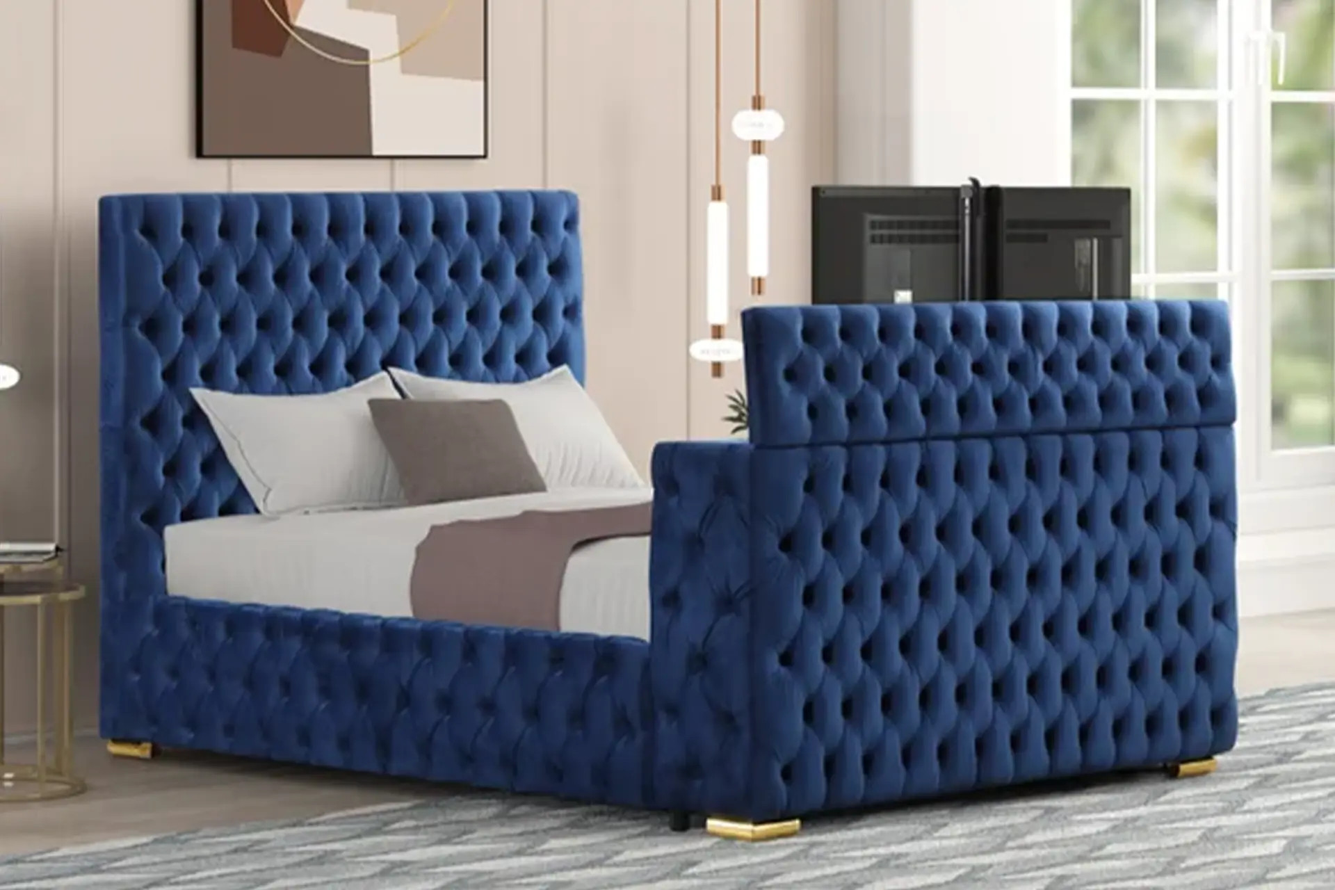 Blue Velvet Fireplace Bed with TV stand.