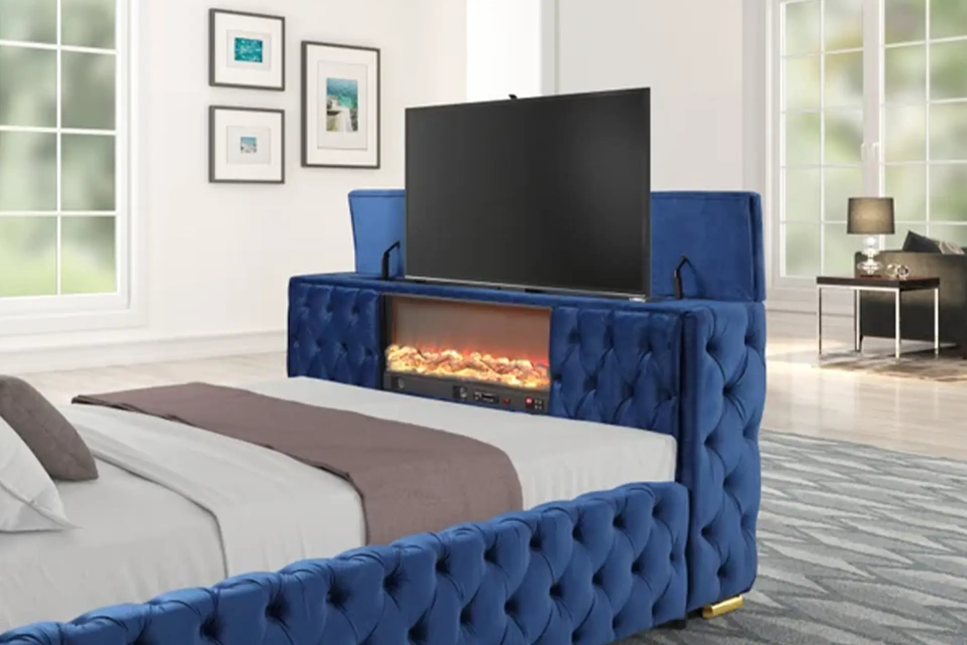 Blue Velvet Fireplace Bed with TV stand and bluetooth speakers.