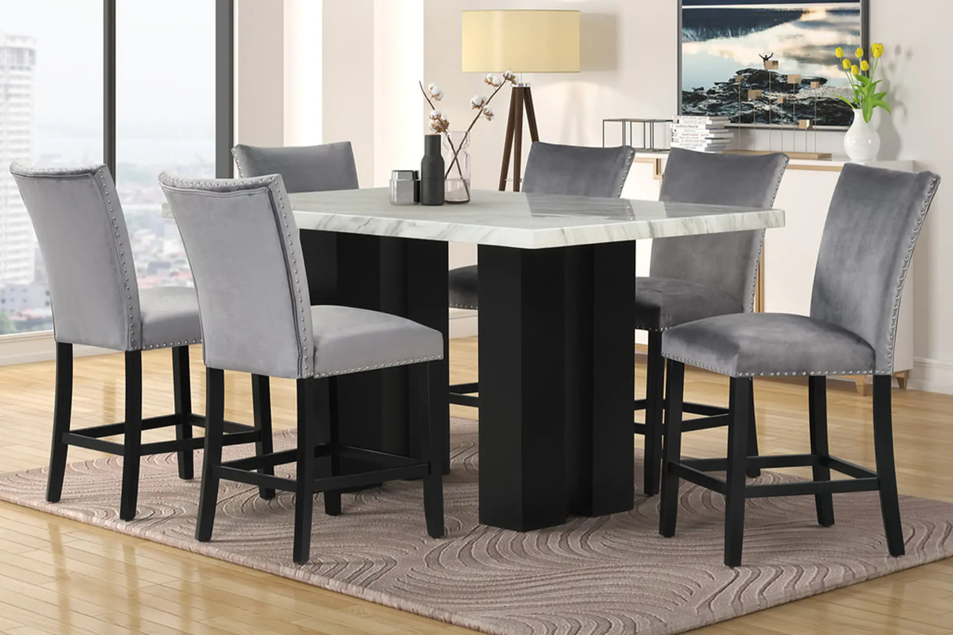 Gray Velvet White Faux Marble Dining Room Set.