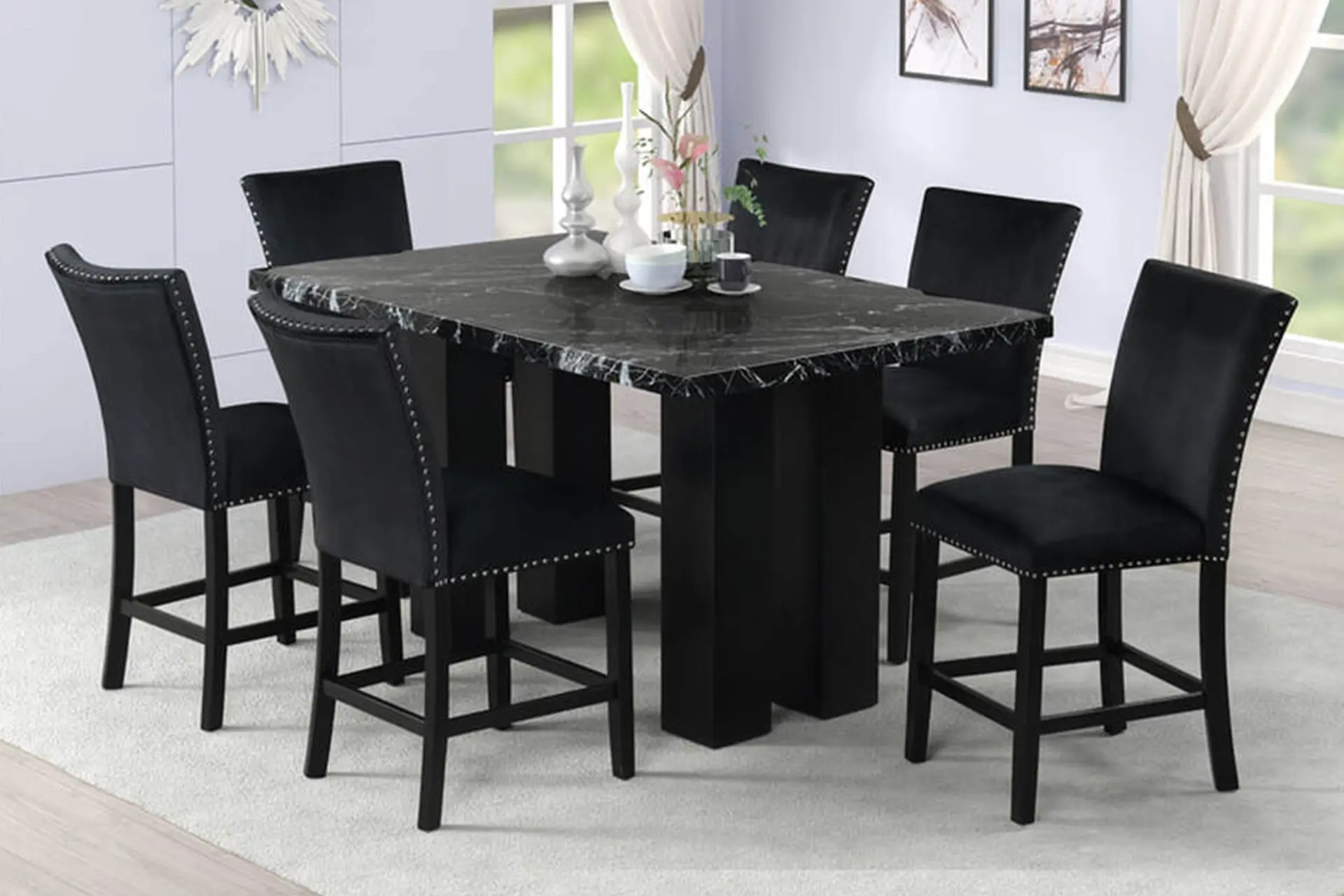 Black Velvet Black Faux Marble Dining Room Set.