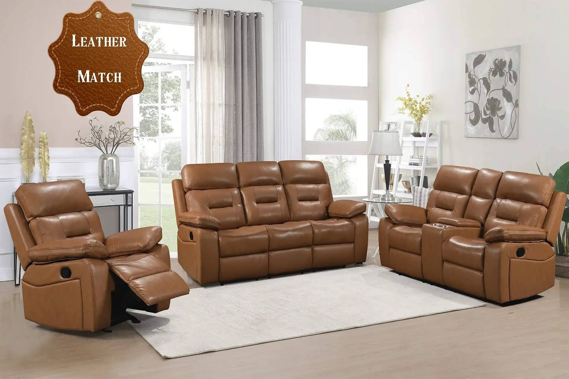 Dallas Camel Leather Match Reclining Sofa, Love, and Recliner.