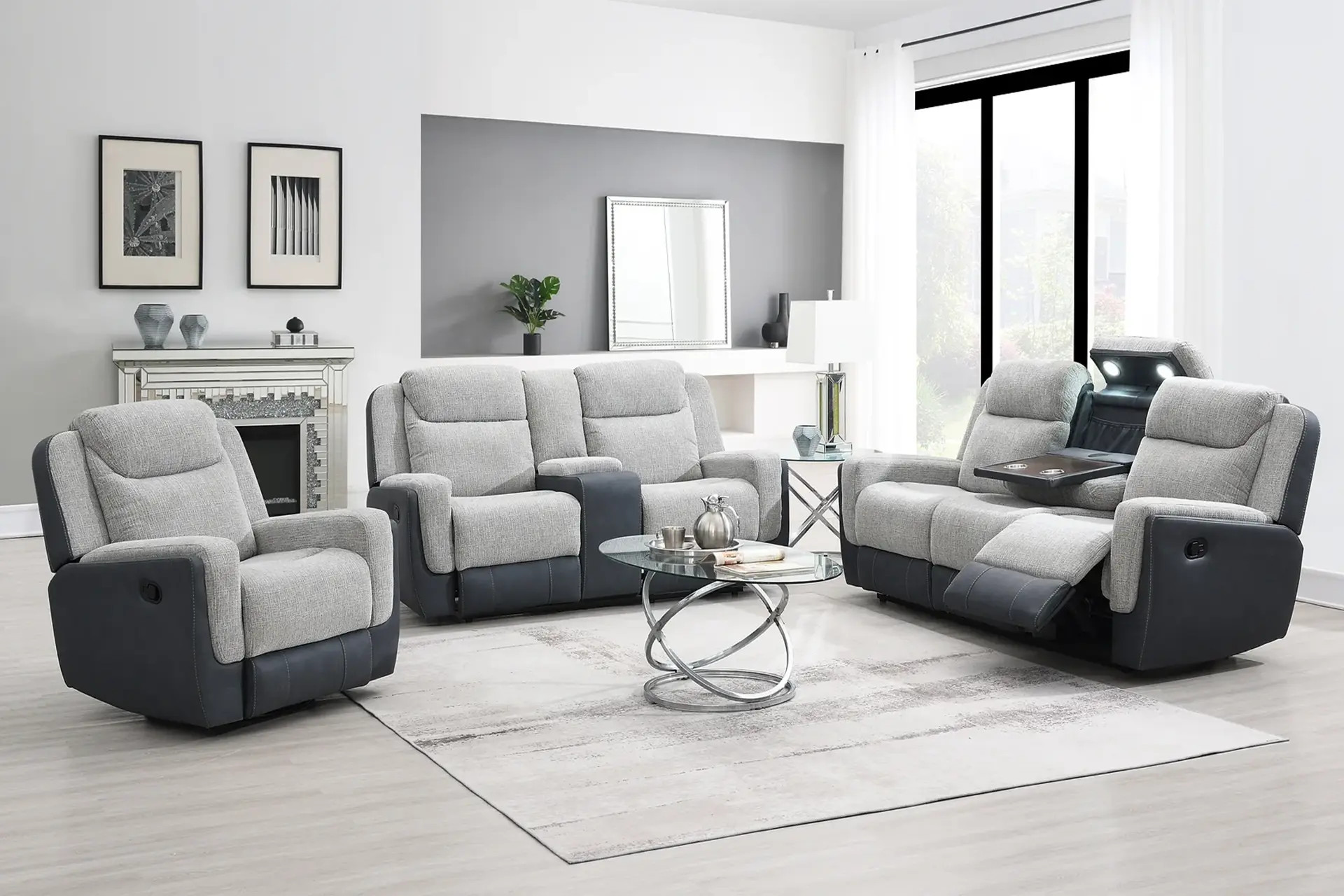 Wilbert Grey Reclining Sofa, Love, and Recliner.