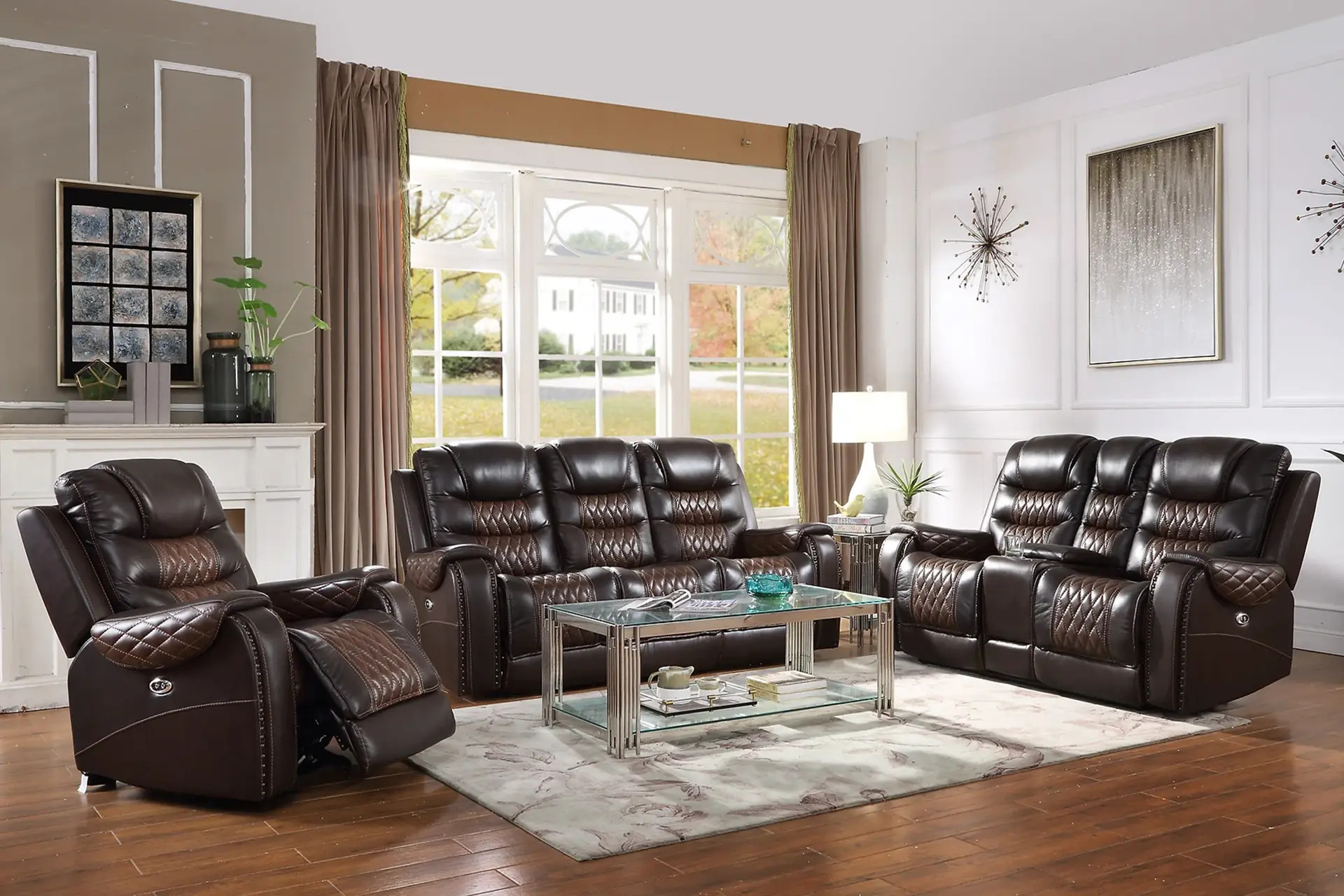 Glendale Brown Power Reclining Sofa, Love, and Recliner.