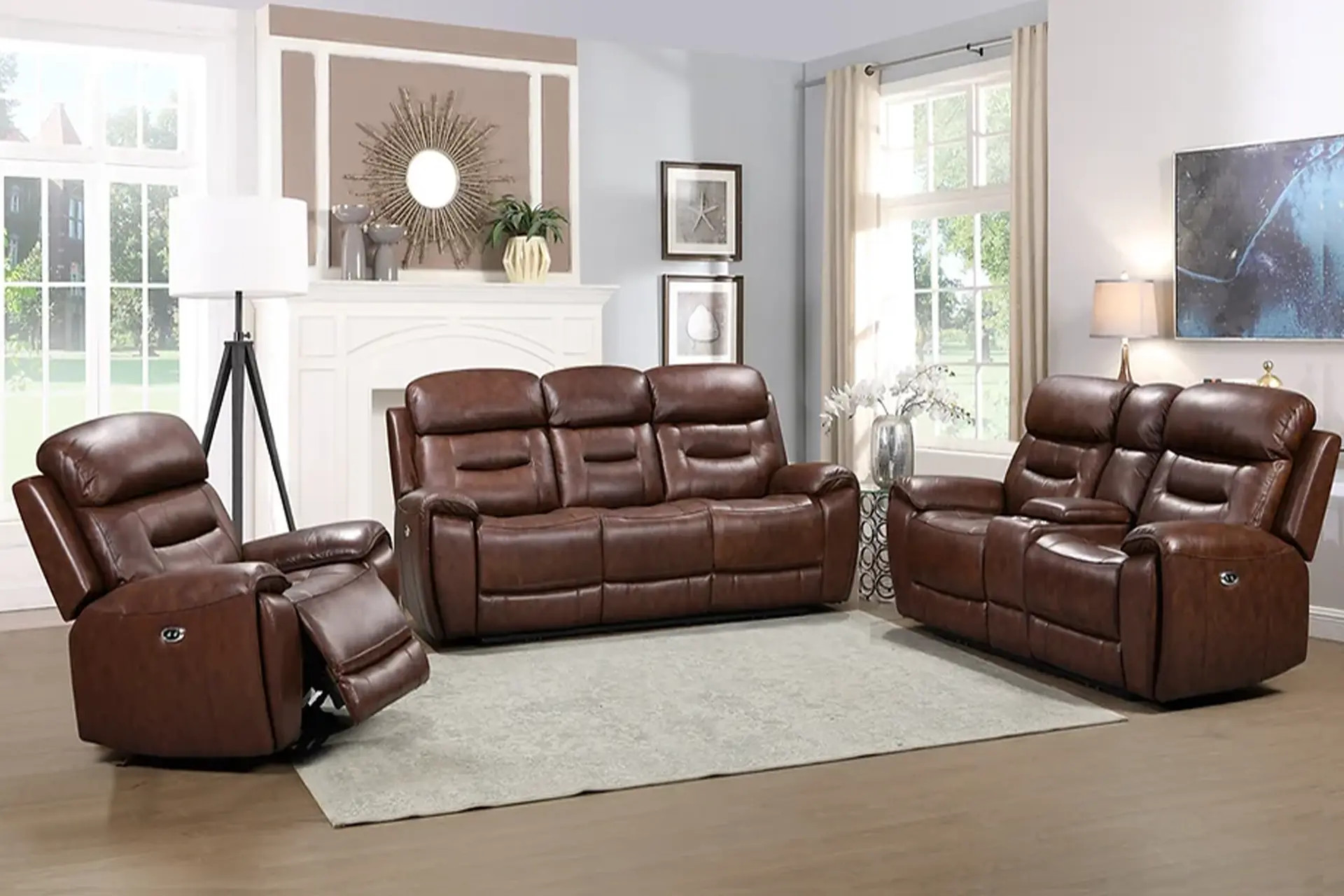 Rosewood Brown Leather Power Reclining Sofa, Love, and Recliner