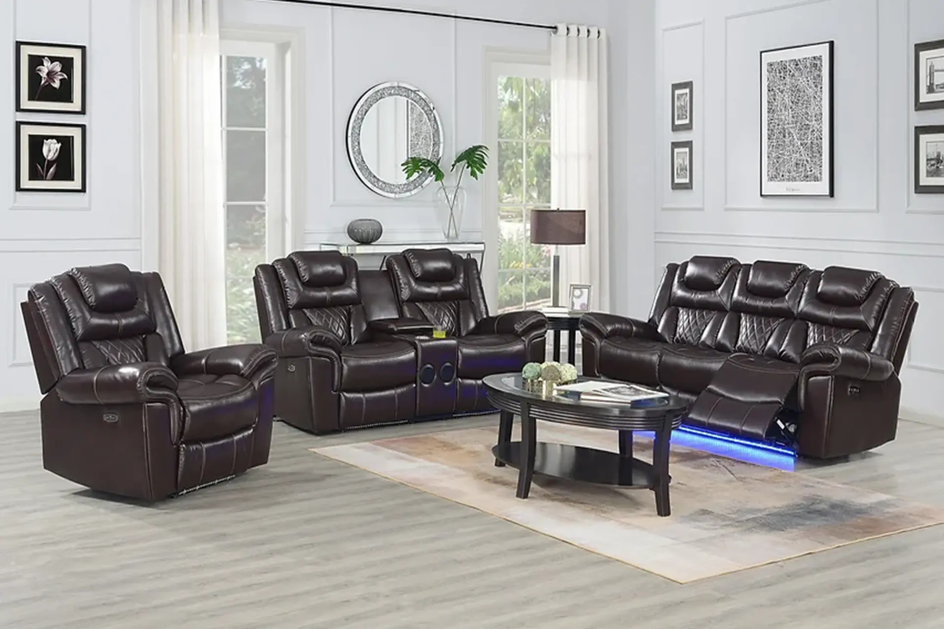 Party Time Brown Power Reclining Sofa, Love, and Recliner.