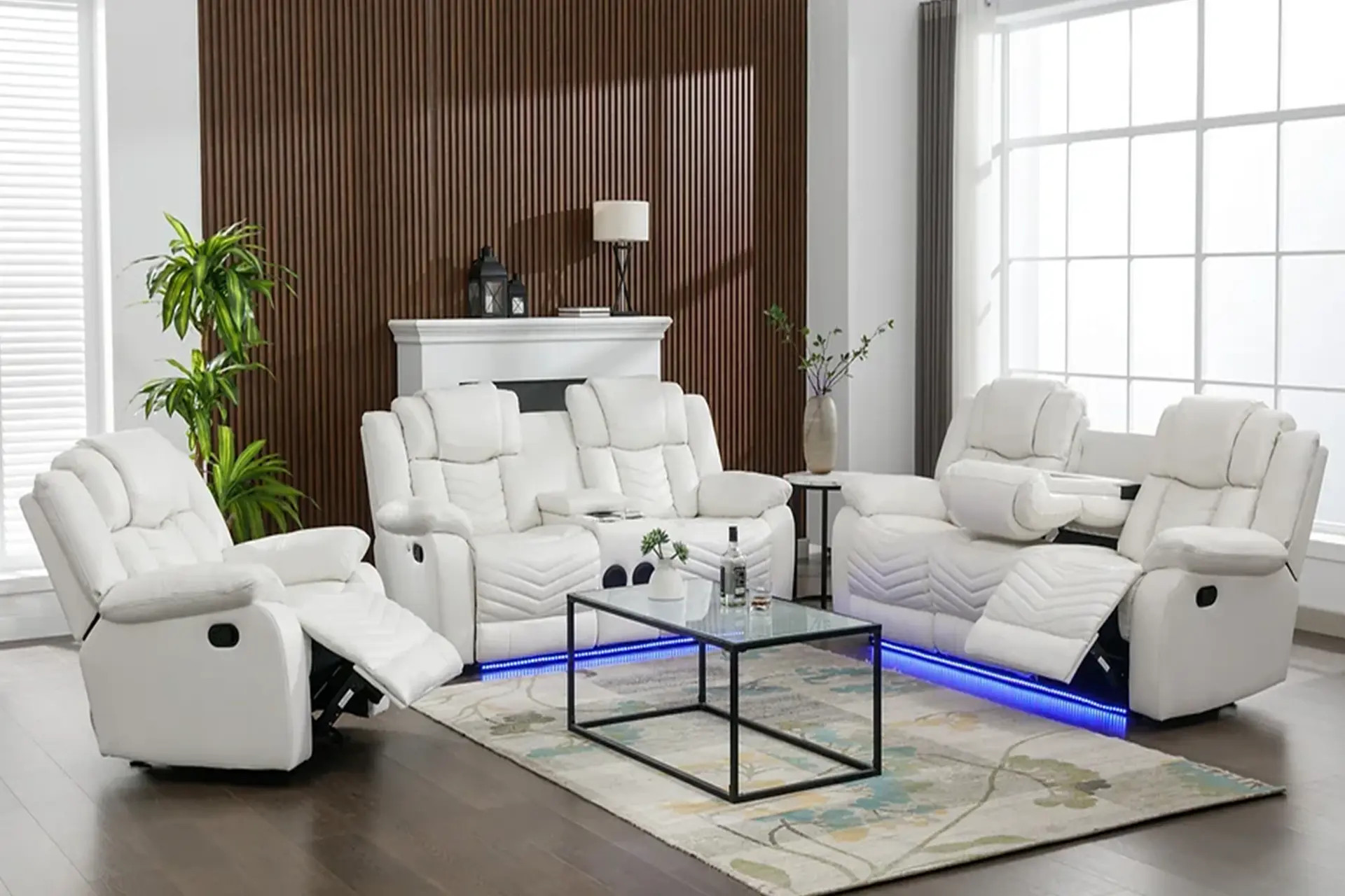 Lucky Charm White Reclining Sofa, Love, and Recliner.