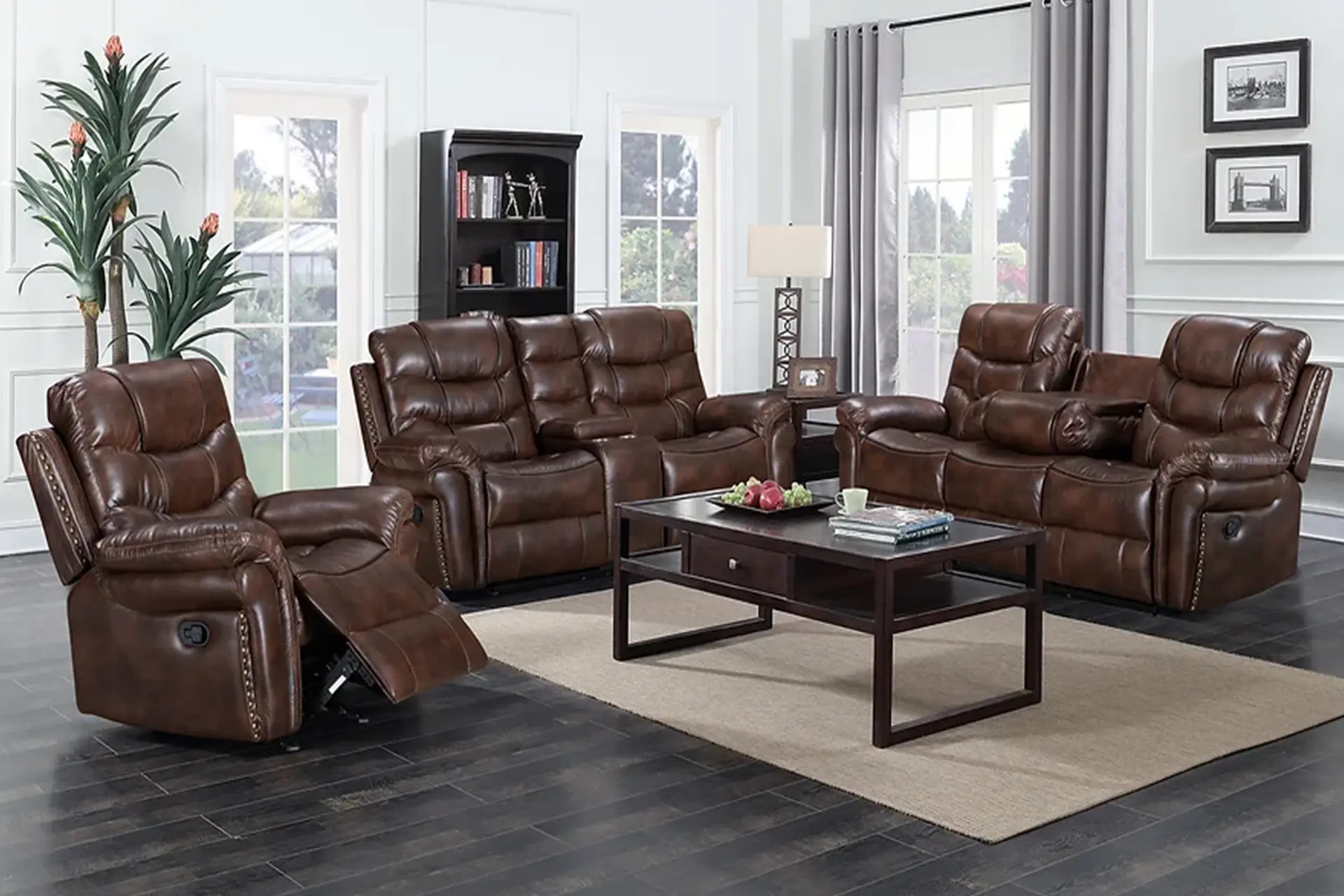 Sara Brown Reclining Sofa, Love, and Recliner.