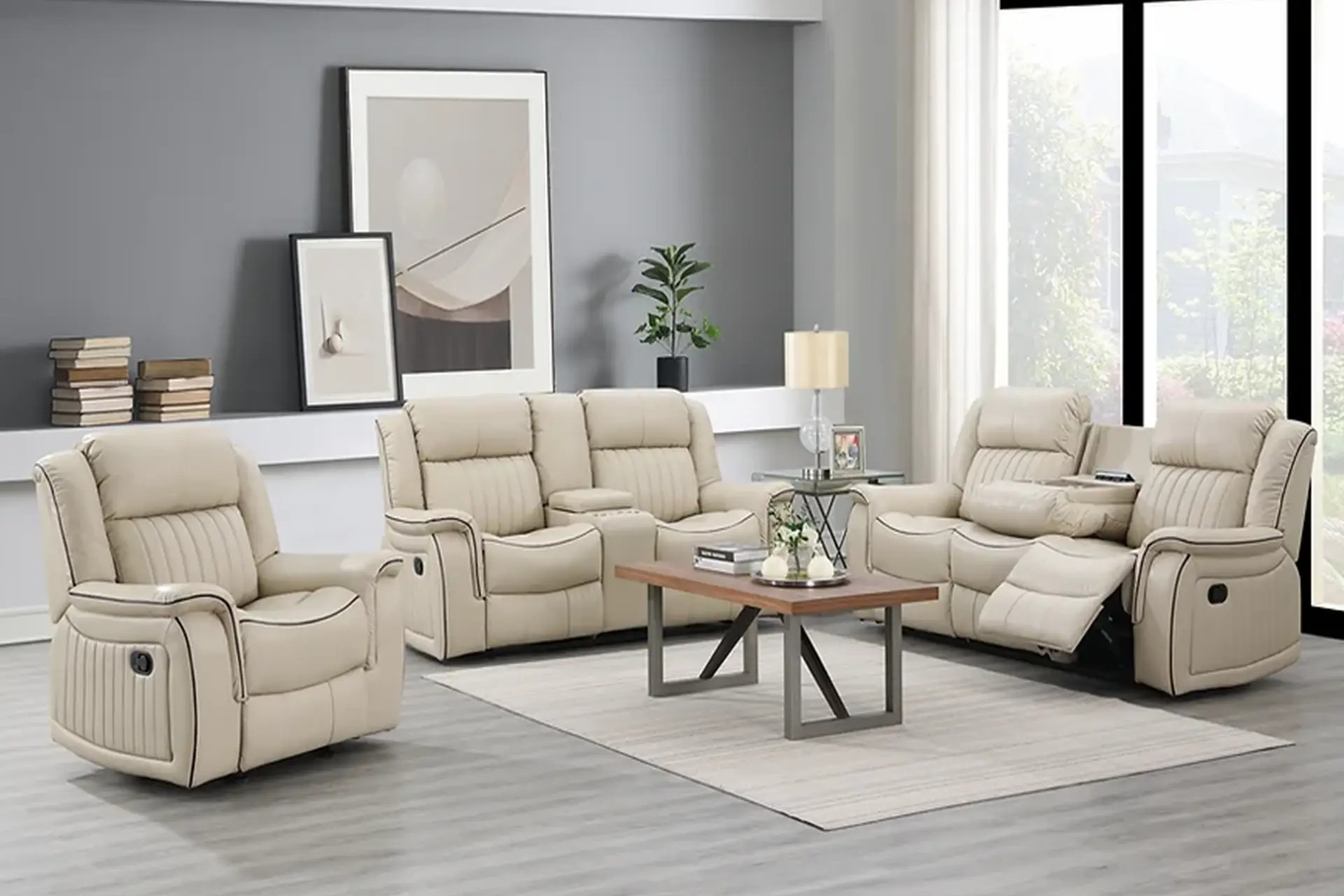 Lavon Cream Reclining Sofa, Love, and Recliner.