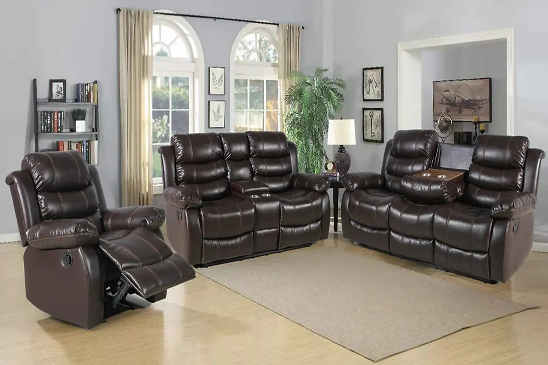 Isabel Chocolate Reclining Sofa, Love, and Recliner.