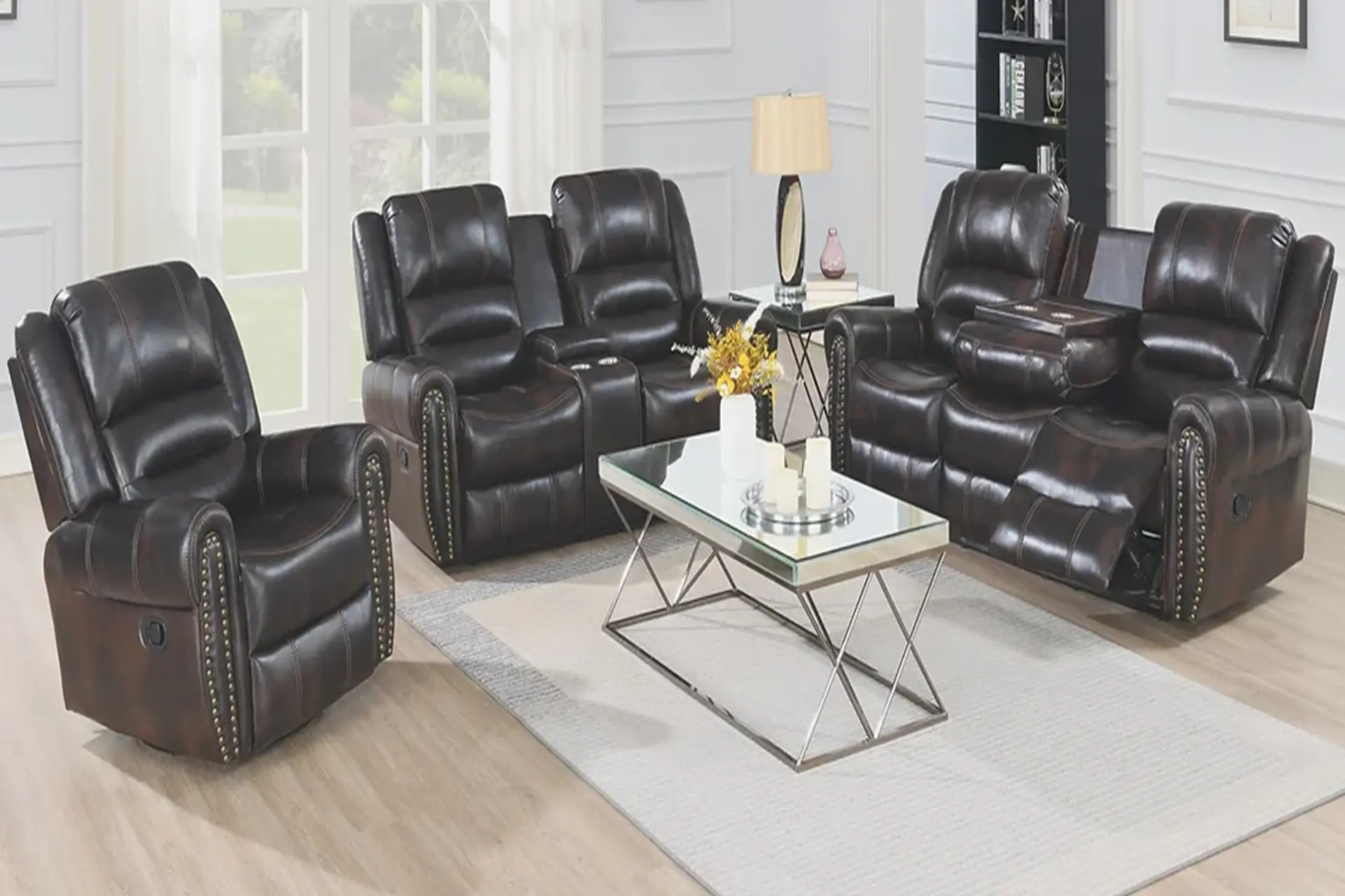 Houston Brown Reclining Sofa, Love, and Recliner.