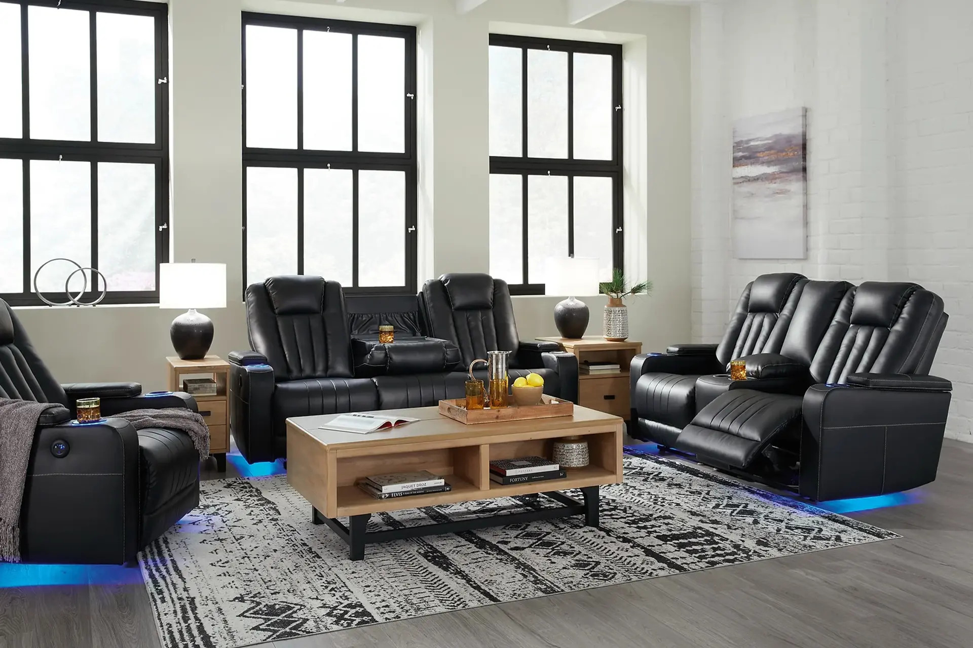 Center Point Black Power Reclining Sofa, Love, and Recliner.